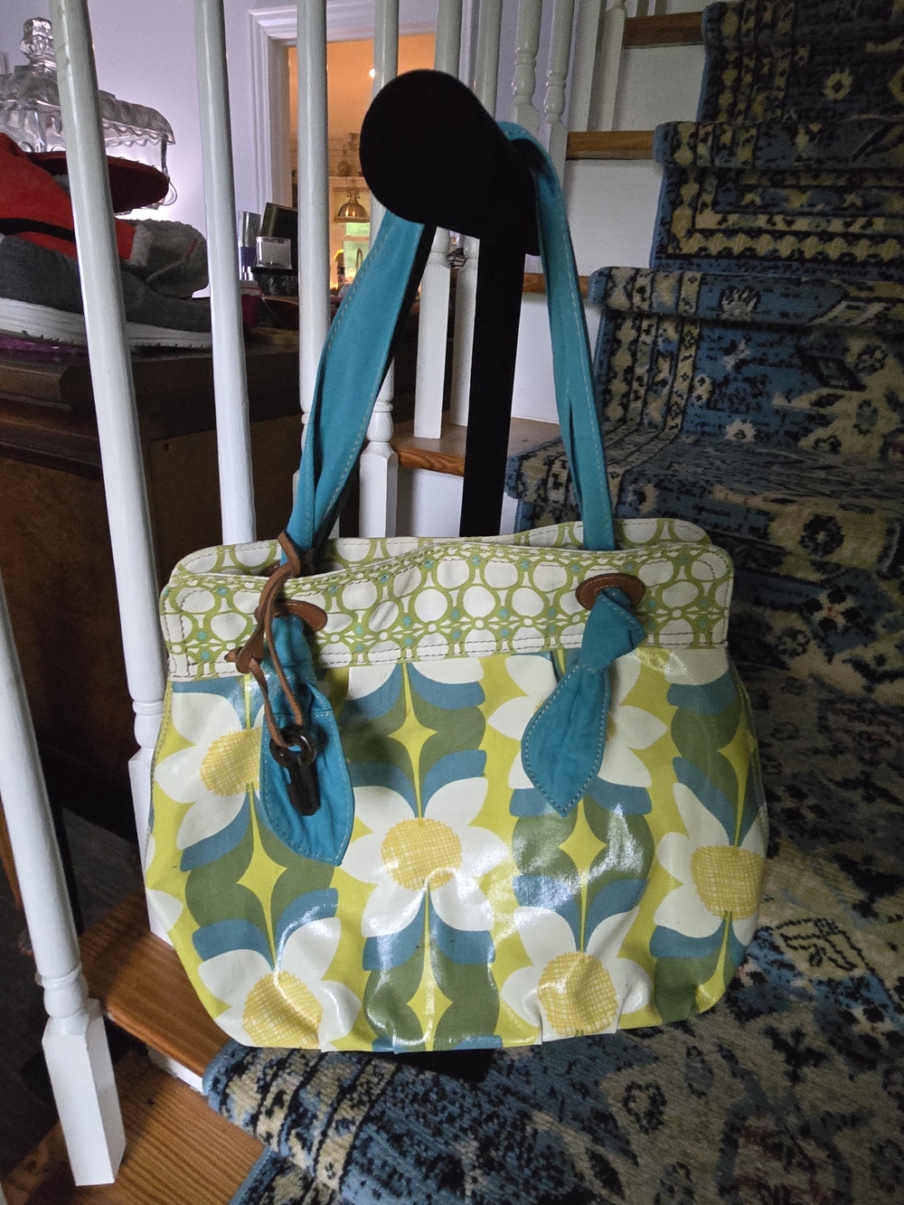 Fossil Floral Pattern Tote Bag with Teal Handles